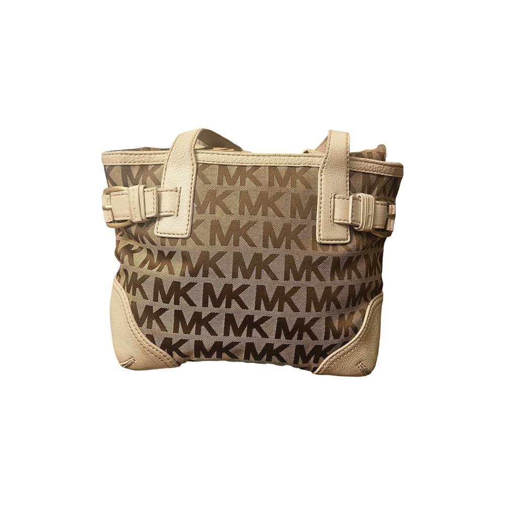 Michael Kors Signature MK Monogram Tan Canvas Leather Trim Buckle Tote Bag